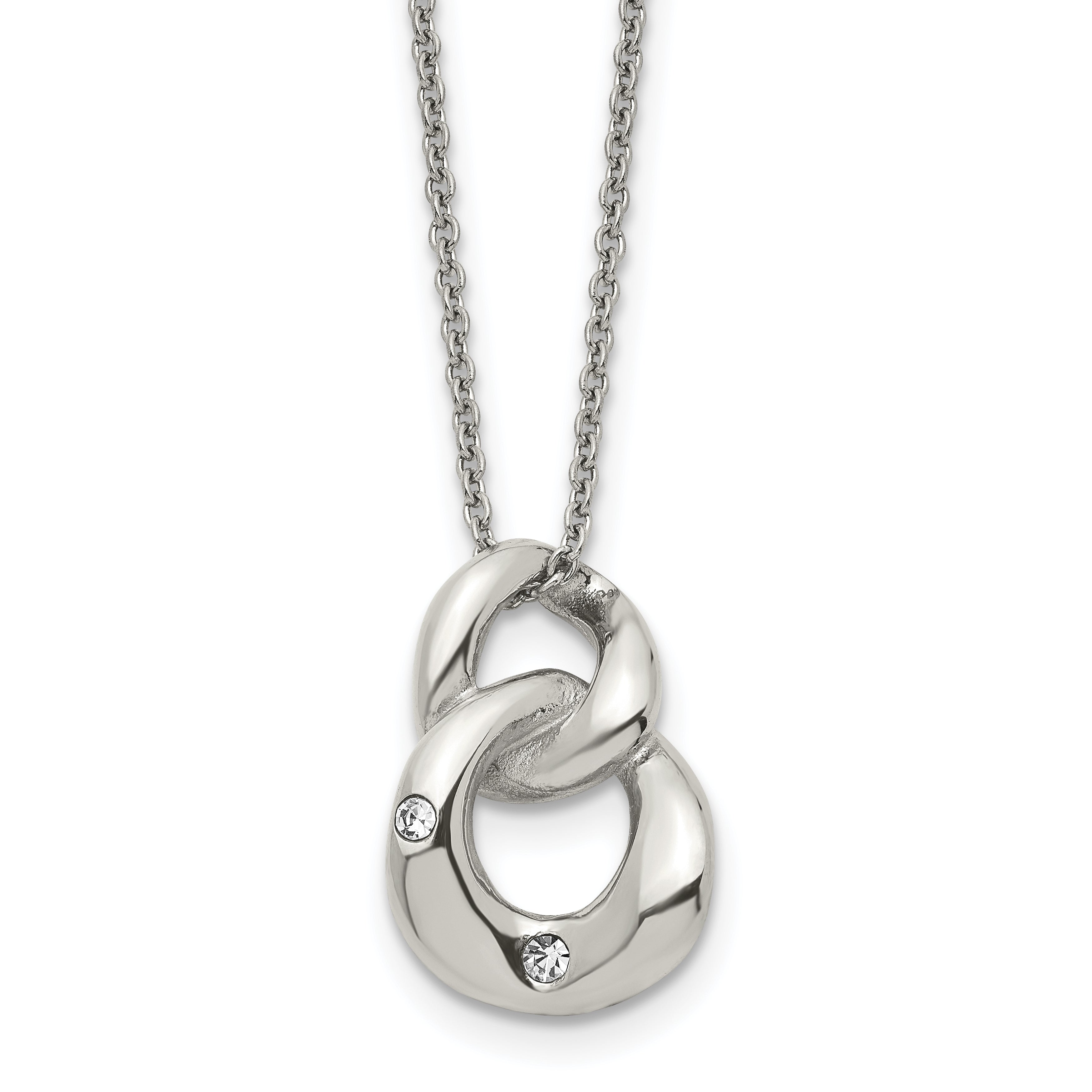 Stainless Steel Polished w/Crystal Two Loop 18in Necklace
