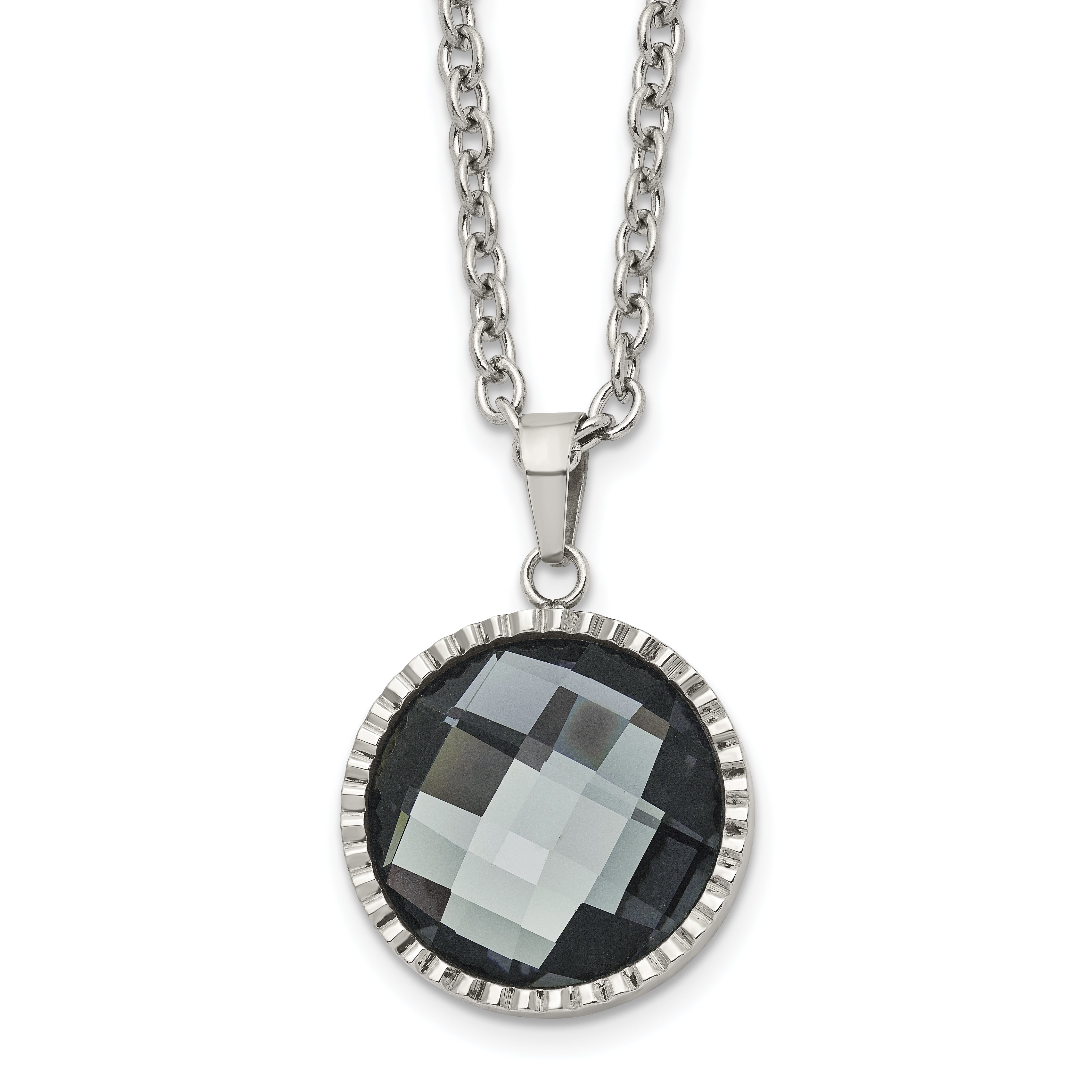 Chisel Stainless Steel Polished Grey Glass Pendant on a 29.5 inch Cable Chain Necklace