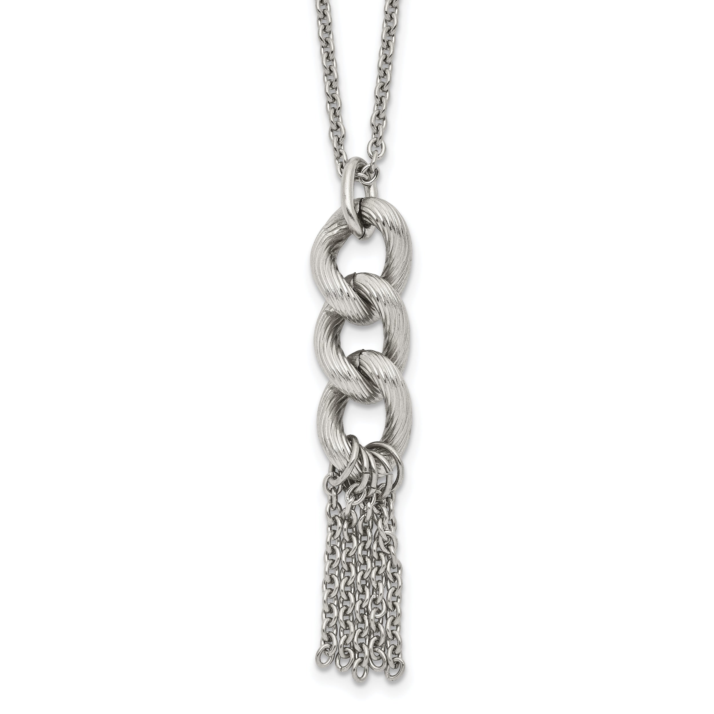 Stainless Steel Polished and Textured Chain Dangle w/2in ext Necklace