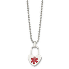 Chisel Stainless Steel Polished with Red Enamel Heart Lock Medical ID Pendant on a 24 inch Ball Chain Necklace