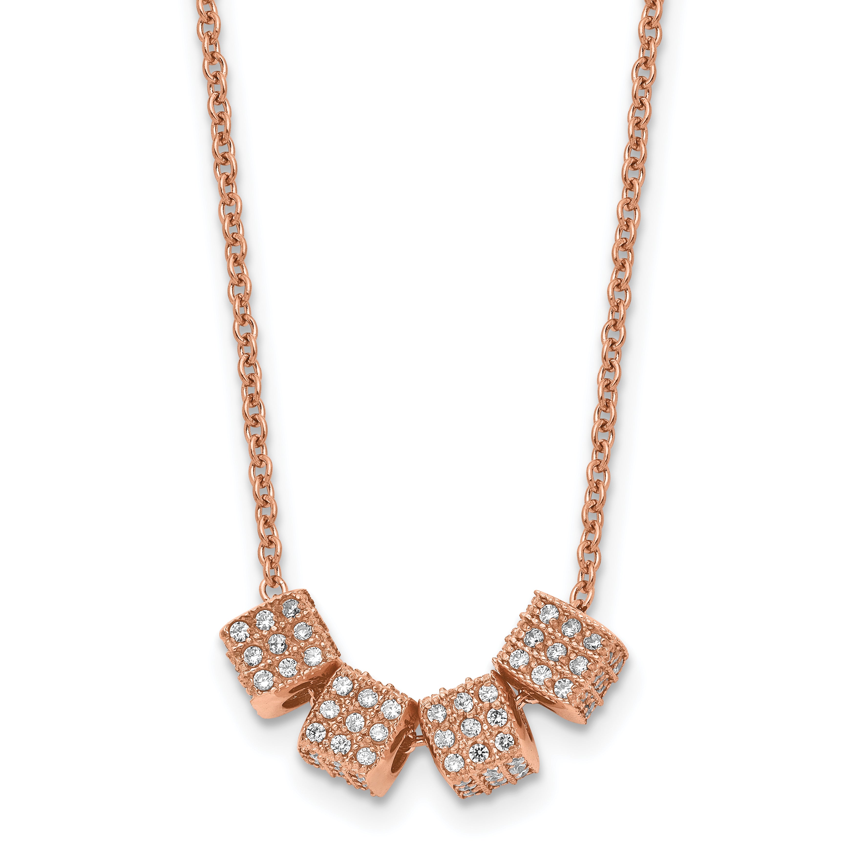 Stainless Steel Polished Rose IP-plated w/CZ 16.5in w/2in ext. Necklace