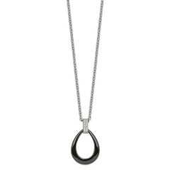 Stainless Steel Polished Black Ceramic Teardrop w/CZ 22in Necklace
