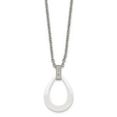 Stainless Steel Polished White Ceramic Teardrop w/CZ 22in Necklace