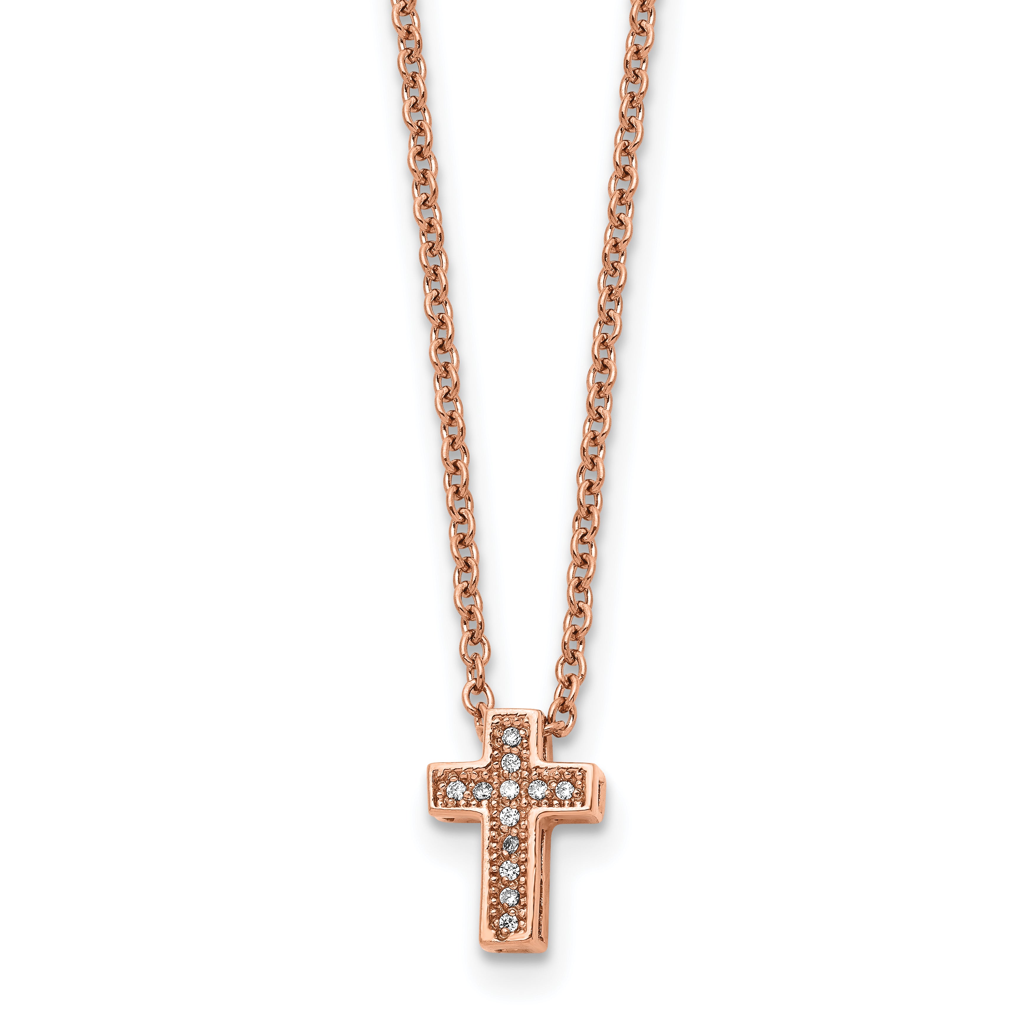 Stainless Steel Polished Rose IP-plated w/CZ Cross w/2in ext Necklace