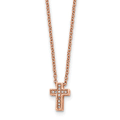Stainless Steel Polished Rose IP-plated w/CZ Cross w/2in ext Necklace
