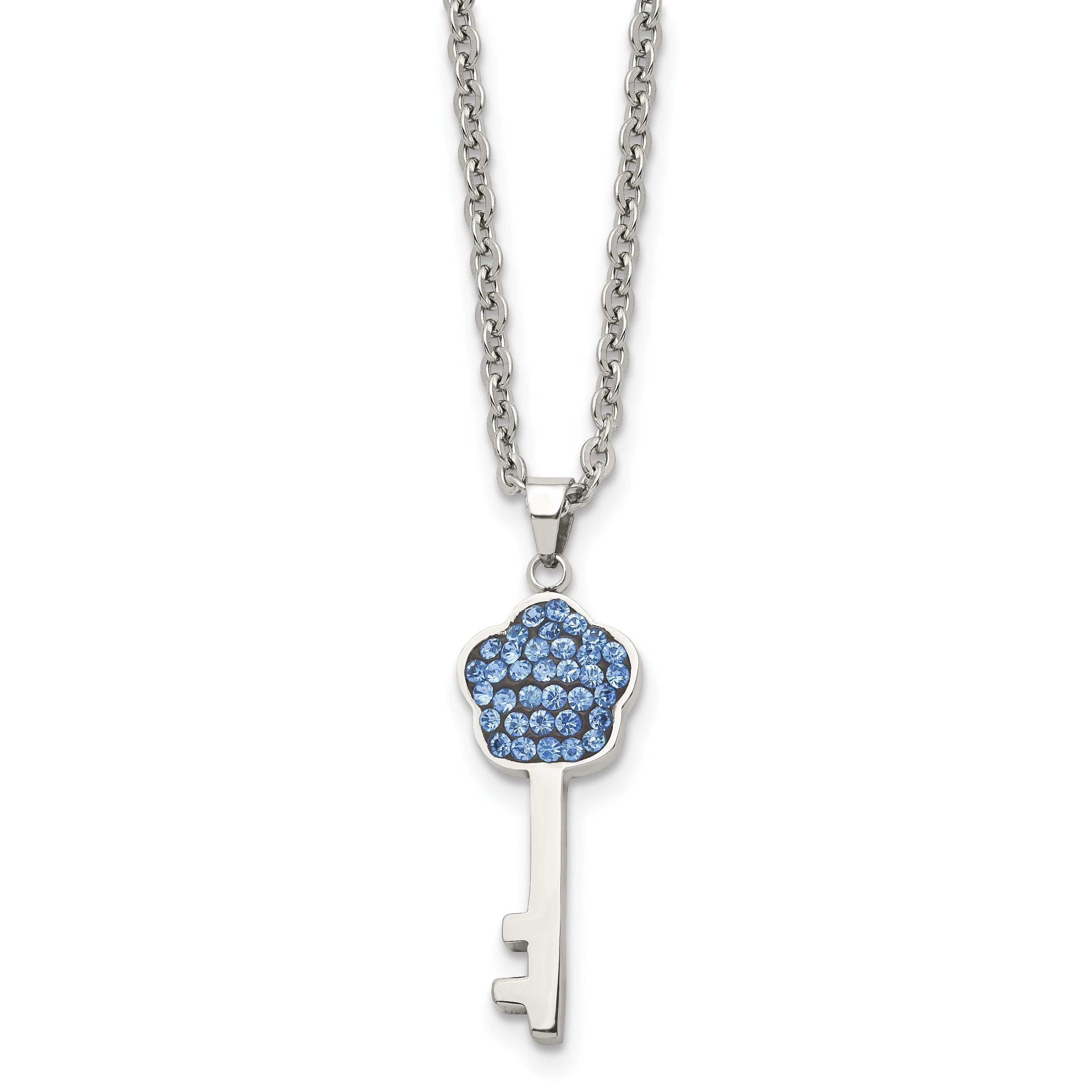 Stainless Steel Polished Blue Crystal Flower Key18 inch Necklace