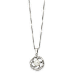 Chisel Stainless Steel Polished with Freshwater Cultured Pearl Flower Pendant on an 18 inch Box Chain Necklace