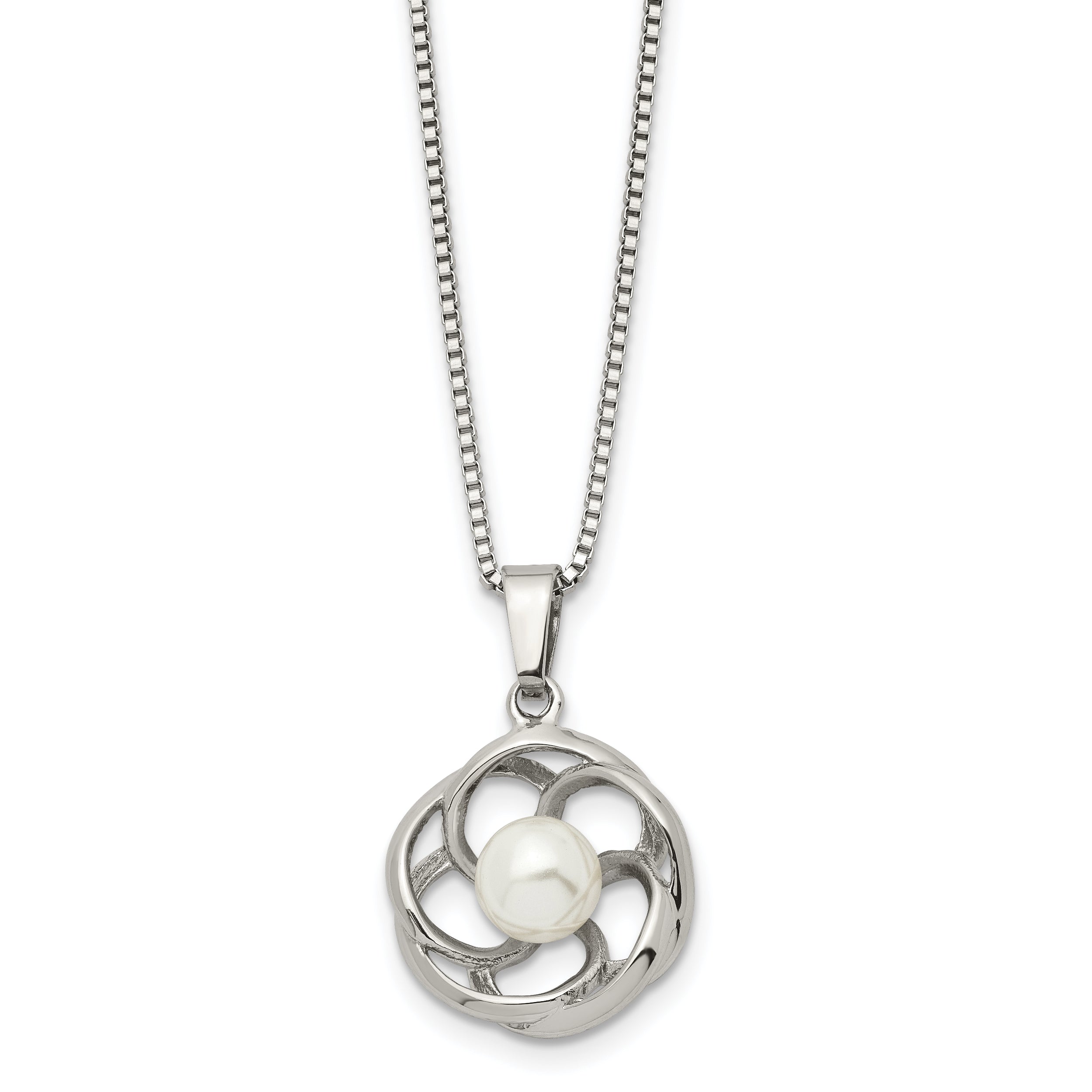 Chisel Stainless Steel Polished with Freshwater Cultured Pearl Flower Pendant on an 18 inch Box Chain Necklace