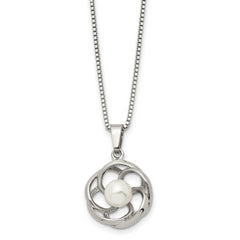 Chisel Stainless Steel Polished with Freshwater Cultured Pearl Flower Pendant on an 18 inch Box Chain Necklace