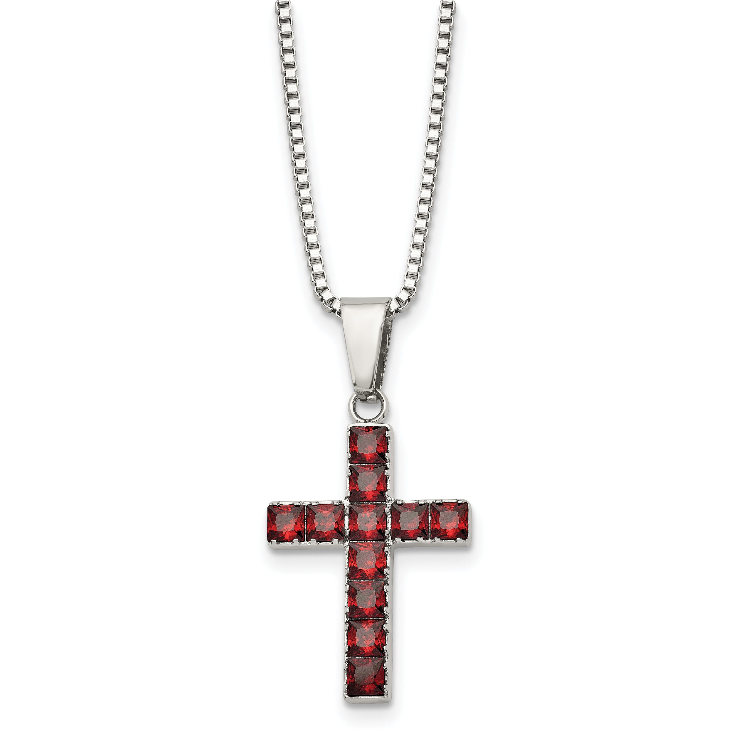 Chisel Stainless Steel Polished with Red Square CZ Cross Pendant on an 18 inch Box Chain Necklace