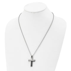 Stainless Steel Brushed and Polished Black IP-plated Cross 22in Necklace