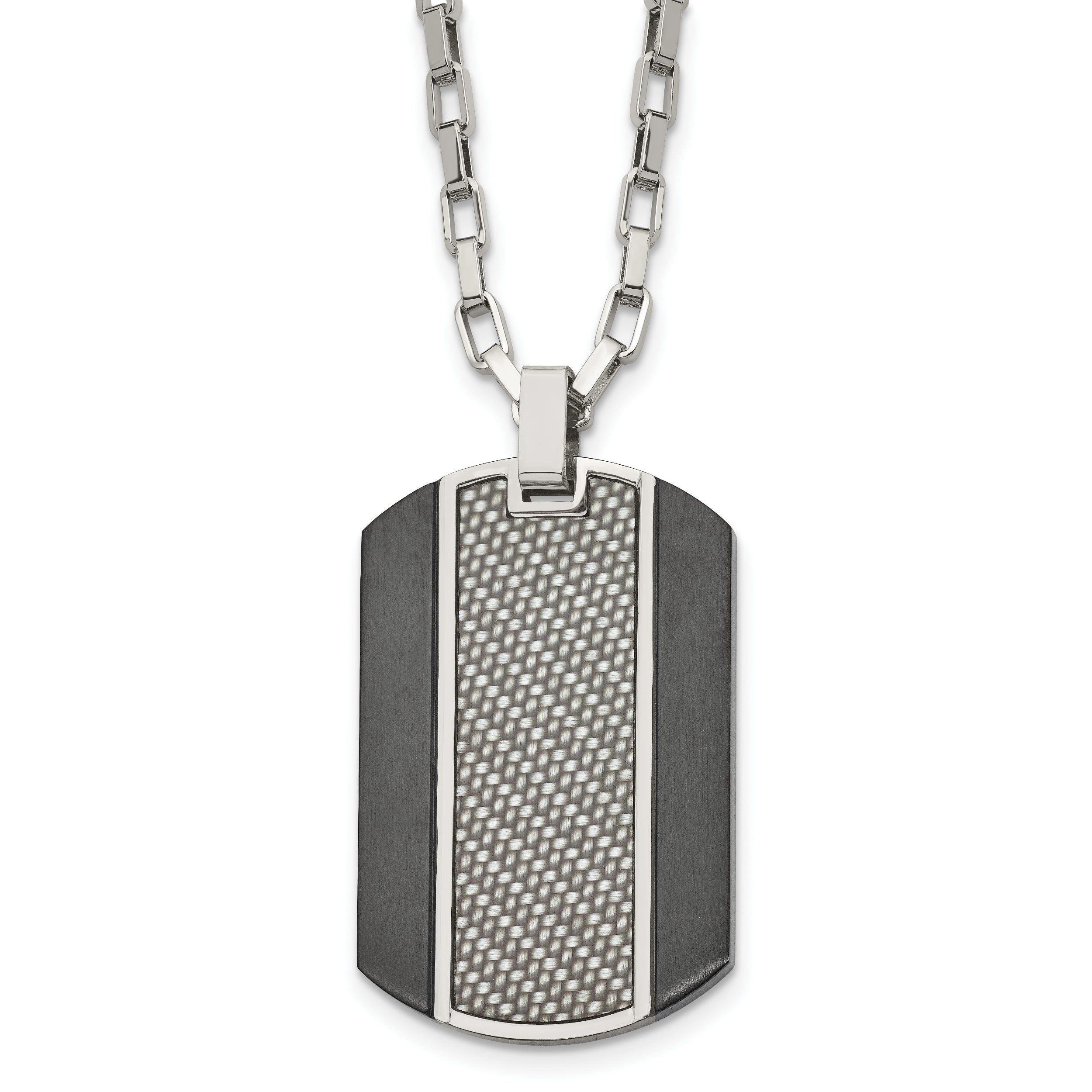 Stainless Steel Brushed & Polished Black IP Grey CarbonFiber Inlay Necklace