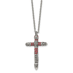 Stainless Steel Antiqued and Polished w/Red Crystal Cross 22in Necklace