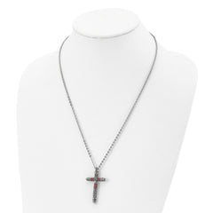 Stainless Steel Antiqued and Polished w/Red Crystal Cross 22in Necklace