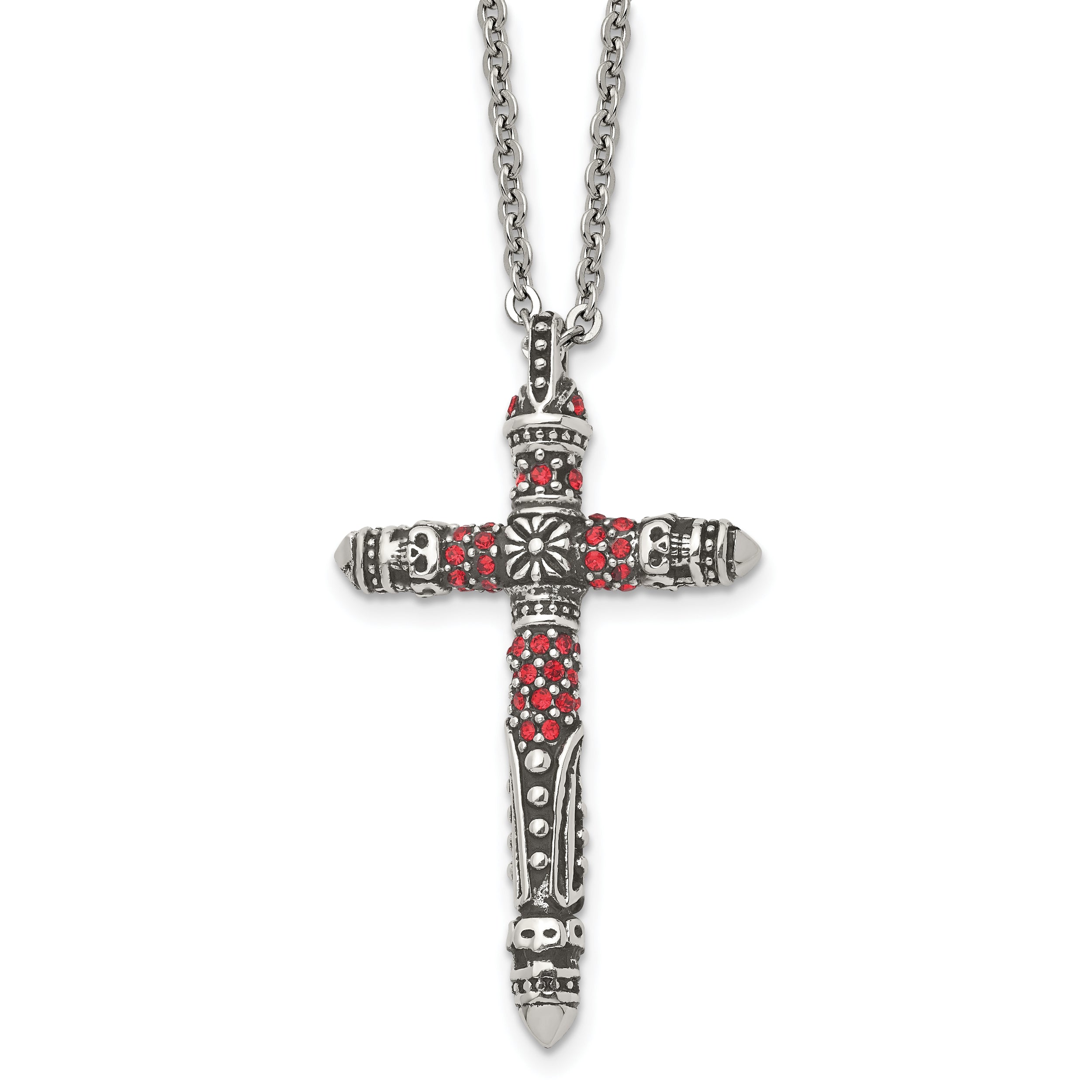Stainless Steel Antiqued and Polished w/Red Crystal Cross 22in Necklace
