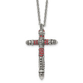 Stainless Steel Antiqued and Polished w/Red Crystal Cross 22in Necklace