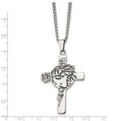 Chisel Stainless Steel Antiqued and Polished Jesus Face Cross Pendant on a 24 inch Curb Chain Necklace