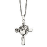 Chisel Stainless Steel Antiqued and Polished Jesus Face Cross Pendant on a 24 inch Curb Chain Necklace