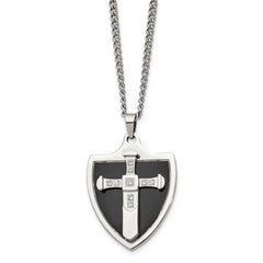 Chisel Stainless Steel Polished Black IP-plated with CZ Cross Shield Pendant on a 24 inch Curb Chain Necklace