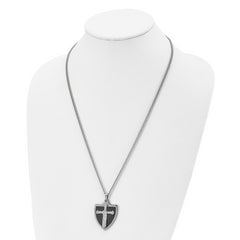 Chisel Stainless Steel Polished Black IP-plated with CZ Cross Shield Pendant on a 24 inch Curb Chain Necklace