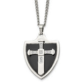 Chisel Stainless Steel Polished Black IP-plated with CZ Cross Shield Pendant on a 24 inch Curb Chain Necklace