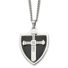 Chisel Stainless Steel Polished Black IP-plated with CZ Cross Shield Pendant on a 24 inch Curb Chain Necklace