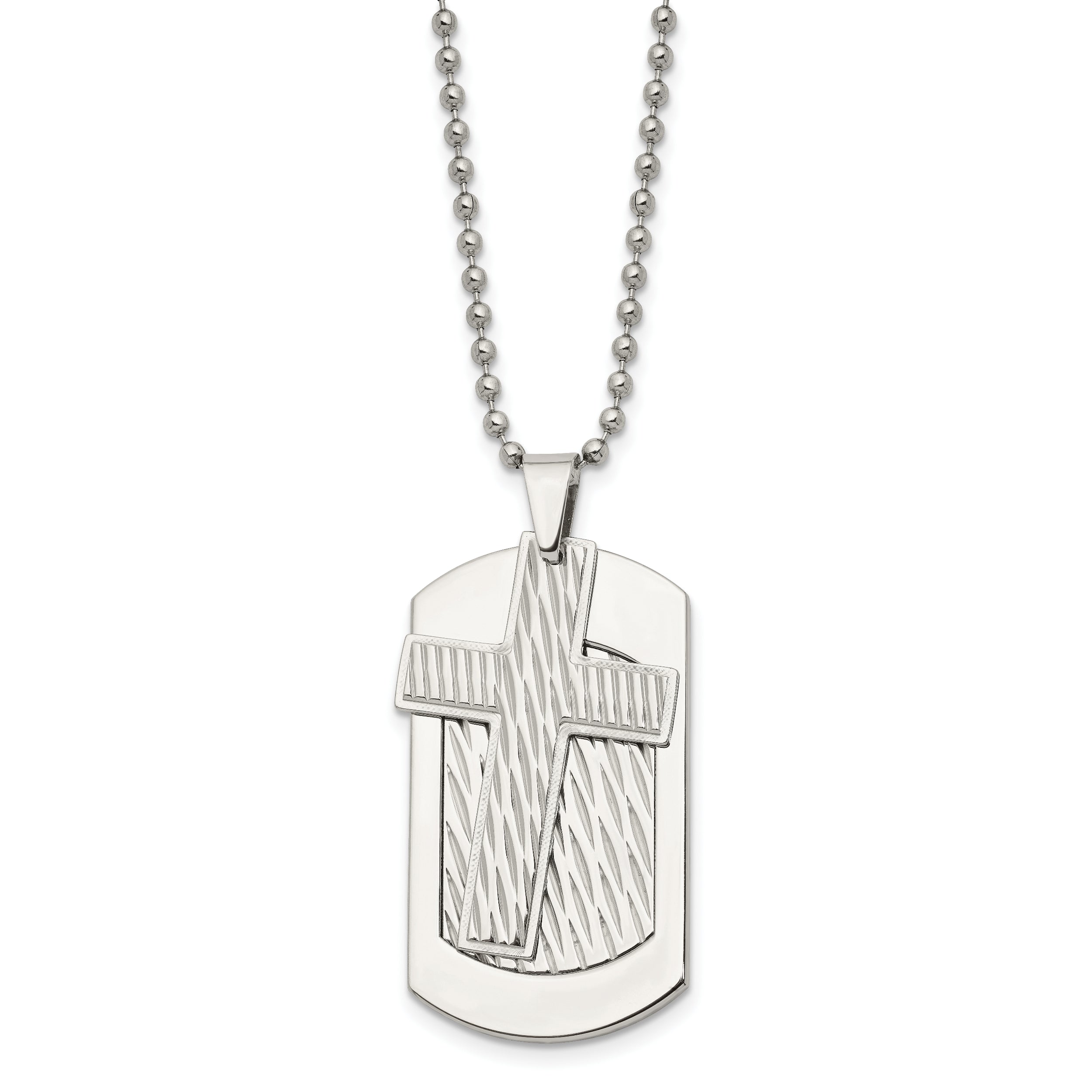 Chisel Stainless Steel Polished and Textured 2 Piece Cross Dog Tag on a 24 inch Ball Chain Necklace