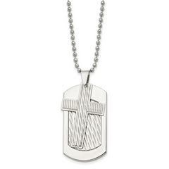 Chisel Stainless Steel Polished and Textured 2 Piece Cross Dog Tag on a 24 inch Ball Chain Necklace
