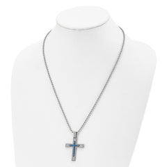 Stainless Steel Polished & Textured Blue IP-plated Cross 22in Necklace