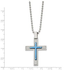 Stainless Steel Polished & Textured Blue IP-plated Cross 22in Necklace