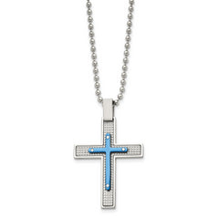 Stainless Steel Polished & Textured Blue IP-plated Cross 22in Necklace