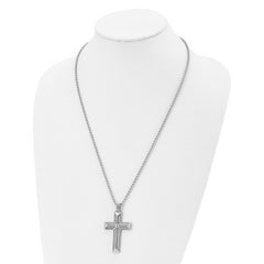 Chisel Stainless Steel Polished with Grey Carbon Fiber Inlay Cross Pendant on a 24 inch Ball Chain Necklace