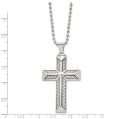 Chisel Stainless Steel Polished with Grey Carbon Fiber Inlay Cross Pendant on a 24 inch Ball Chain Necklace