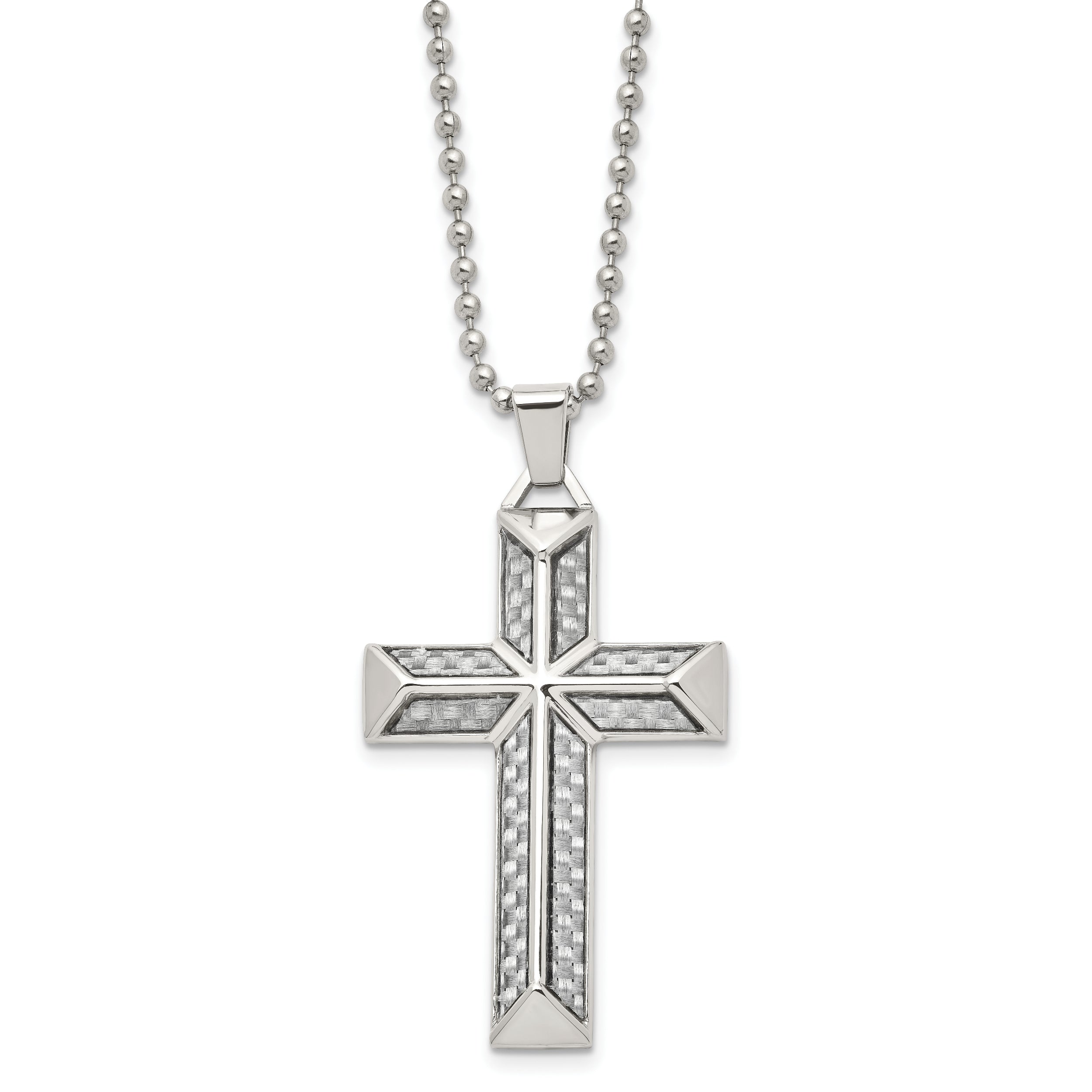 Chisel Stainless Steel Polished with Grey Carbon Fiber Inlay Cross Pendant on a 24 inch Ball Chain Necklace