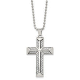 Chisel Stainless Steel Polished with Grey Carbon Fiber Inlay Cross Pendant on a 24 inch Ball Chain Necklace