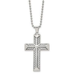 Chisel Stainless Steel Polished with Grey Carbon Fiber Inlay Cross Pendant on a 24 inch Ball Chain Necklace