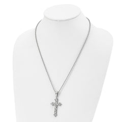 Chisel Stainless Steel Polished and Satin Hammered with CZ Cross Pendant on a 22 inch Ball Chain Necklace