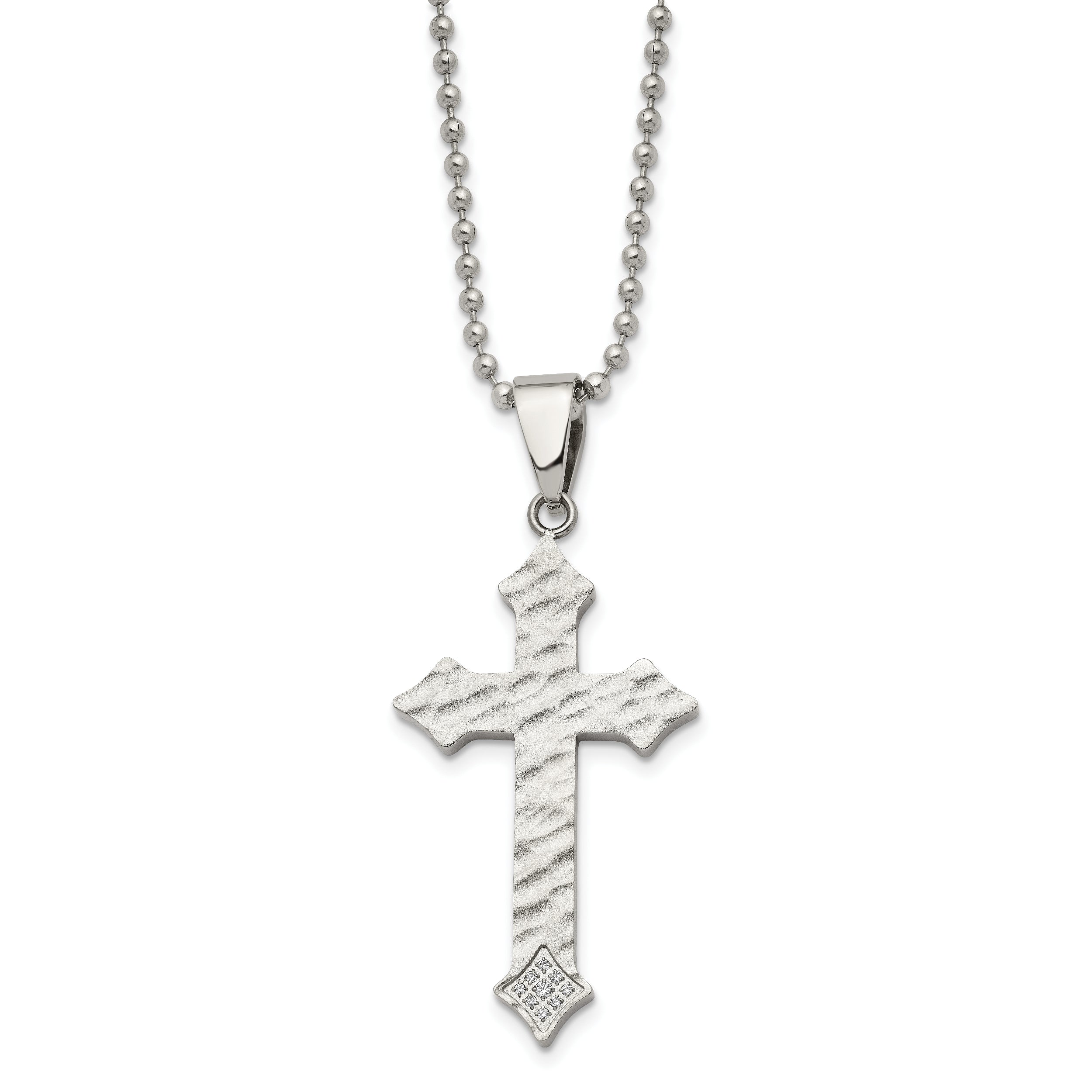 Chisel Stainless Steel Polished and Satin Hammered with CZ Cross Pendant on a 22 inch Ball Chain Necklace