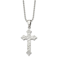 Chisel Stainless Steel Polished and Satin Hammered with CZ Cross Pendant on a 22 inch Ball Chain Necklace