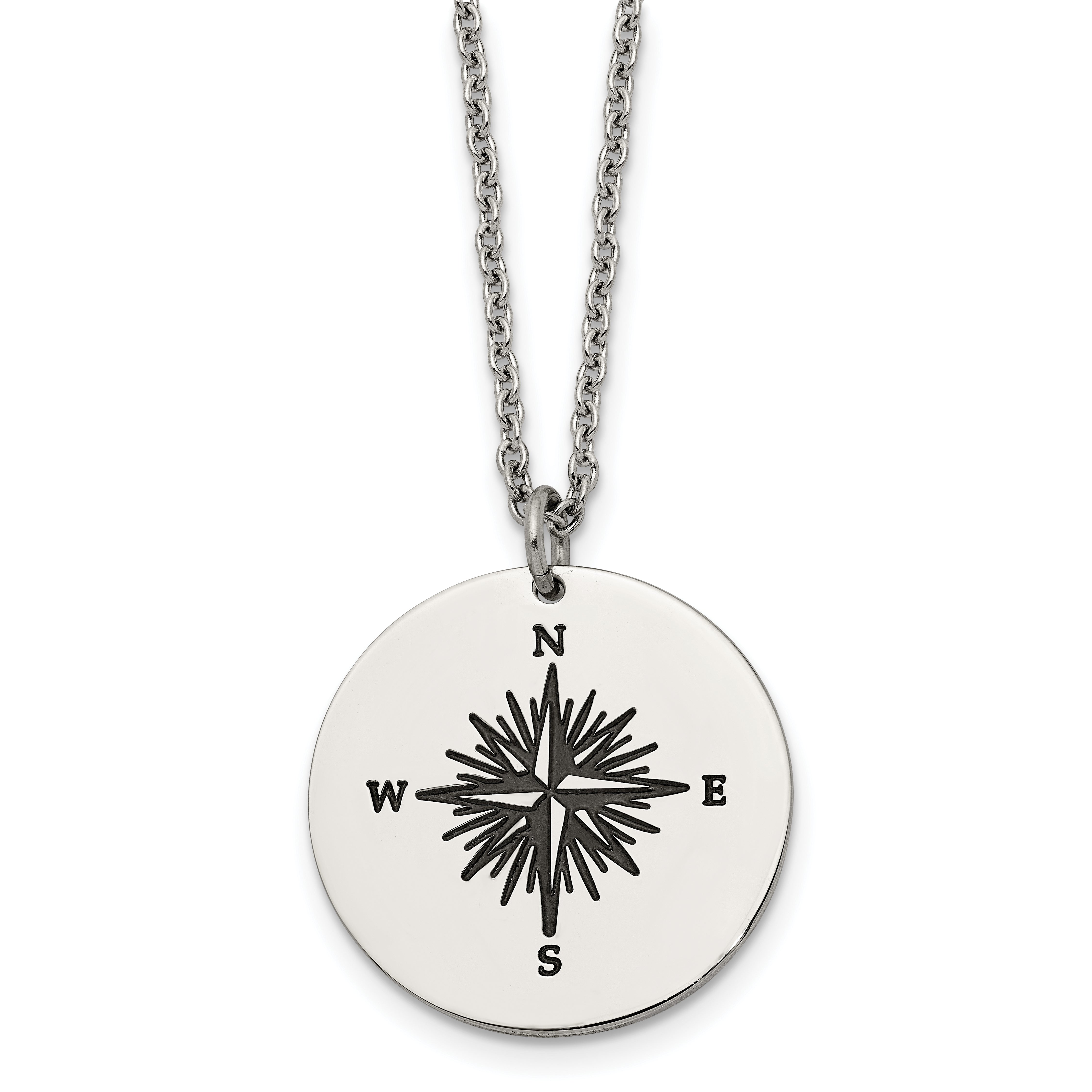 Chisel Stainless Steel Polished Enameled NOT ALL WHO WANDER ARE LOST Compass Pendant on a 22in Cable Chain Necklace