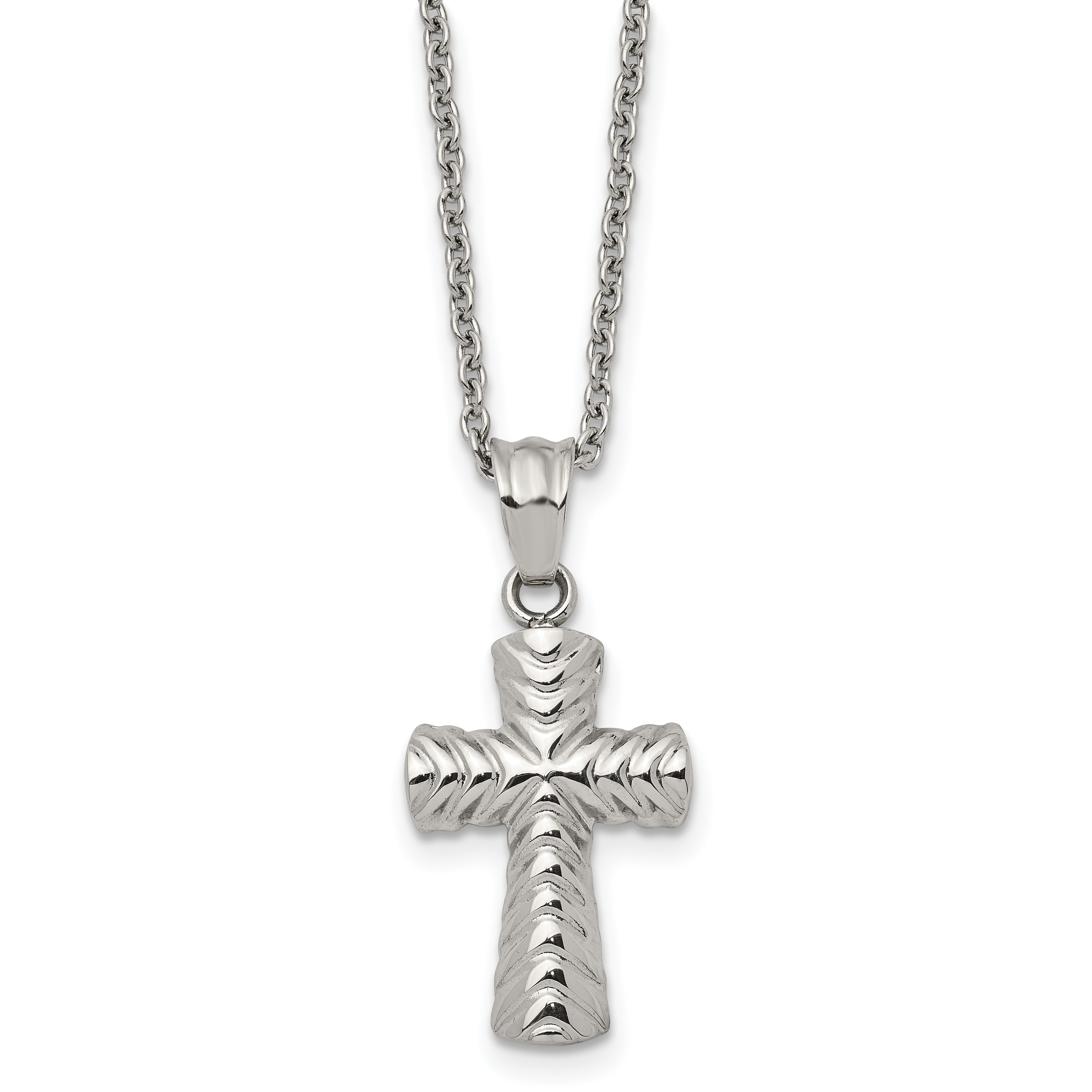 Chisel Stainless Steel Polished and Textured Cross Pendant on a 22 inch Cable Chain Necklace