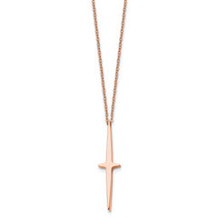 Chisel Stainless Steel Polished Rose IP-plated Cross Pendant on a 16 inch with 2 inch extension Cable Chain Necklace