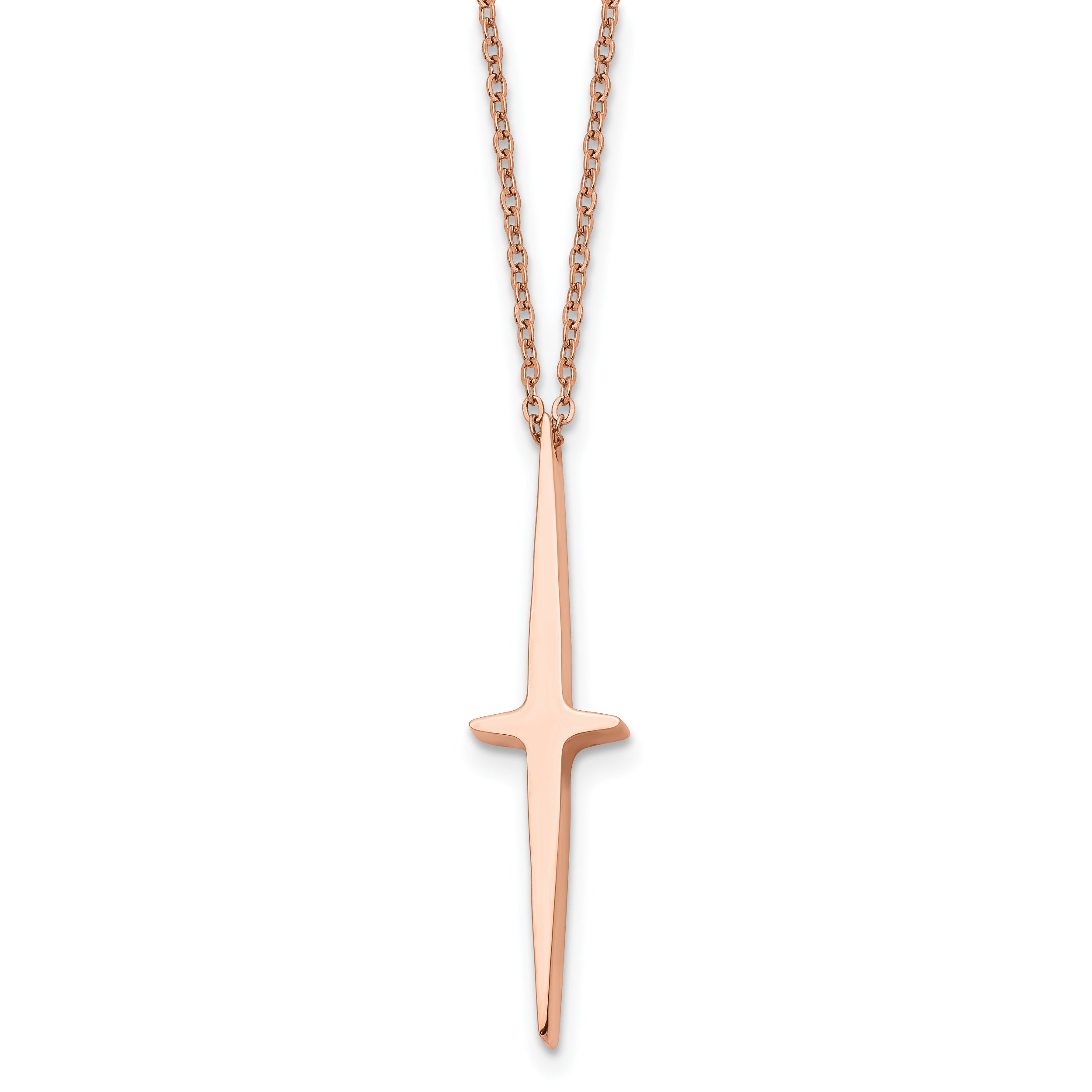 Chisel Stainless Steel Polished Rose IP-plated Cross Pendant on a 16 inch with 2 inch extension Cable Chain Necklace