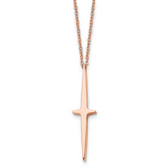Chisel Stainless Steel Polished Rose IP-plated Cross Pendant on a 16 inch with 2 inch extension Cable Chain Necklace