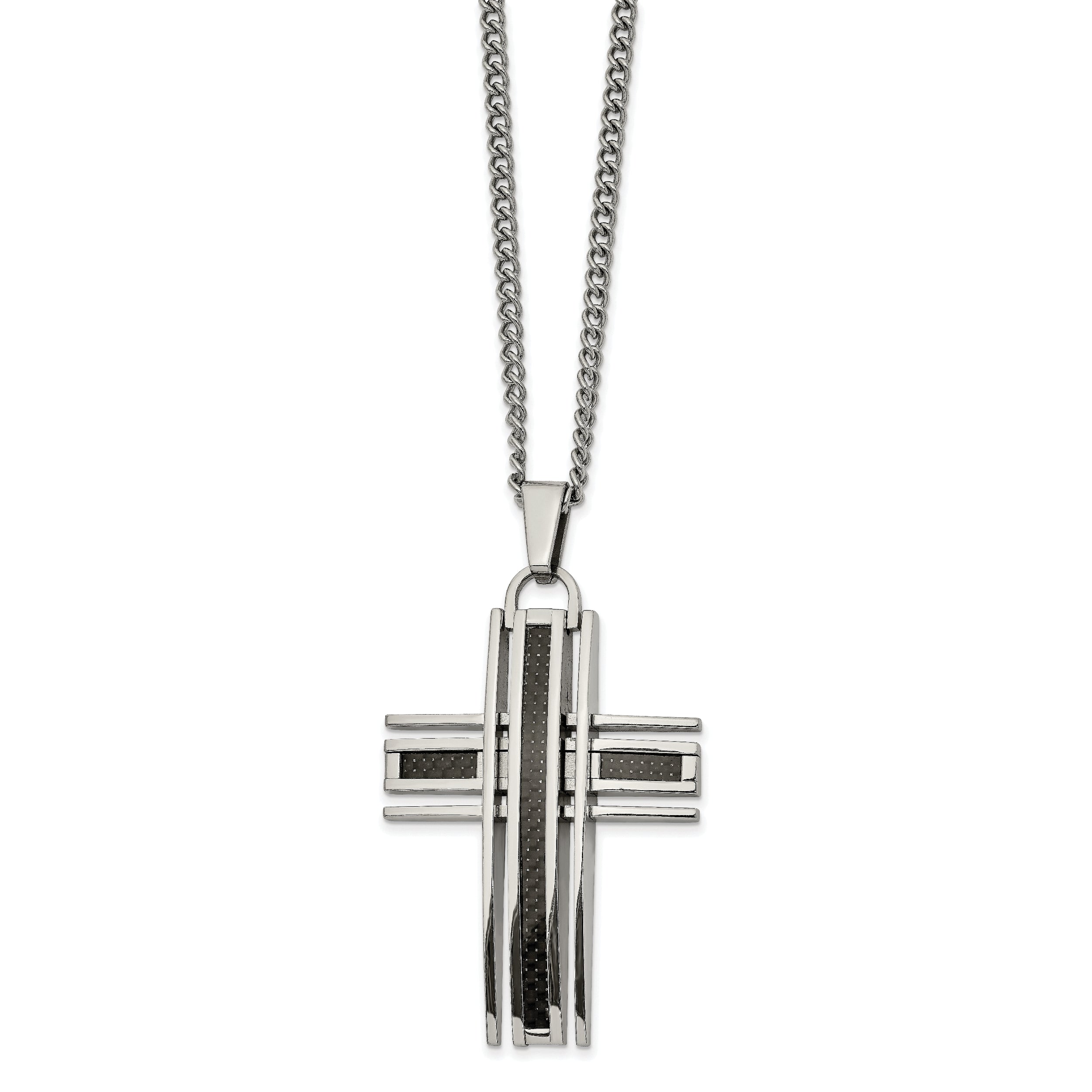 Chisel Stainless Steel Polished with Black Carbon Fiber Inlay Cross Pendant on a 24 inch Curb Chain Necklace