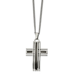 Chisel Stainless Steel Polished with Black Carbon Fiber Inlay Cross Pendant on a 24 inch Curb Chain Necklace