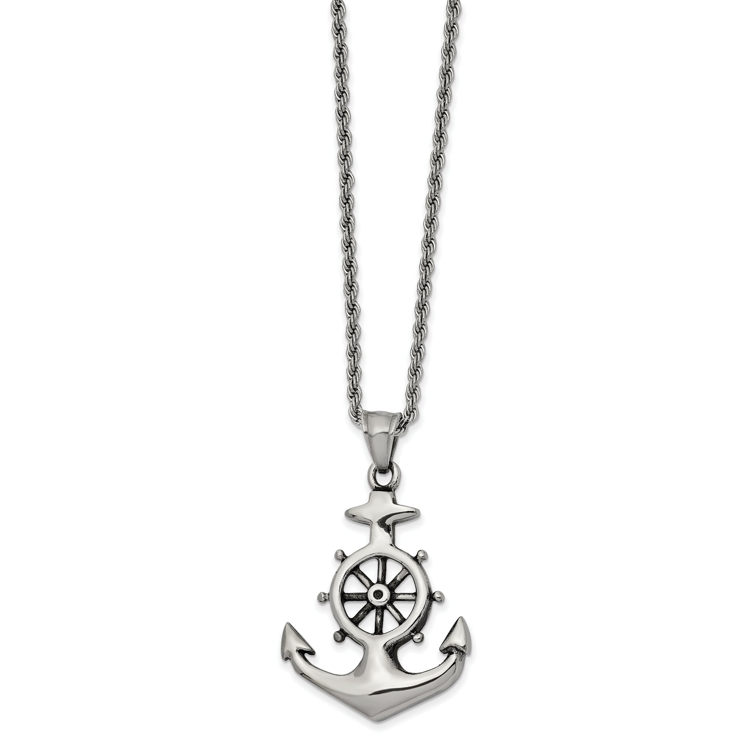 Chisel Stainless Steel Antiqued and Polished Anchor Pendant on a 24 inch Curb Chain Necklace
