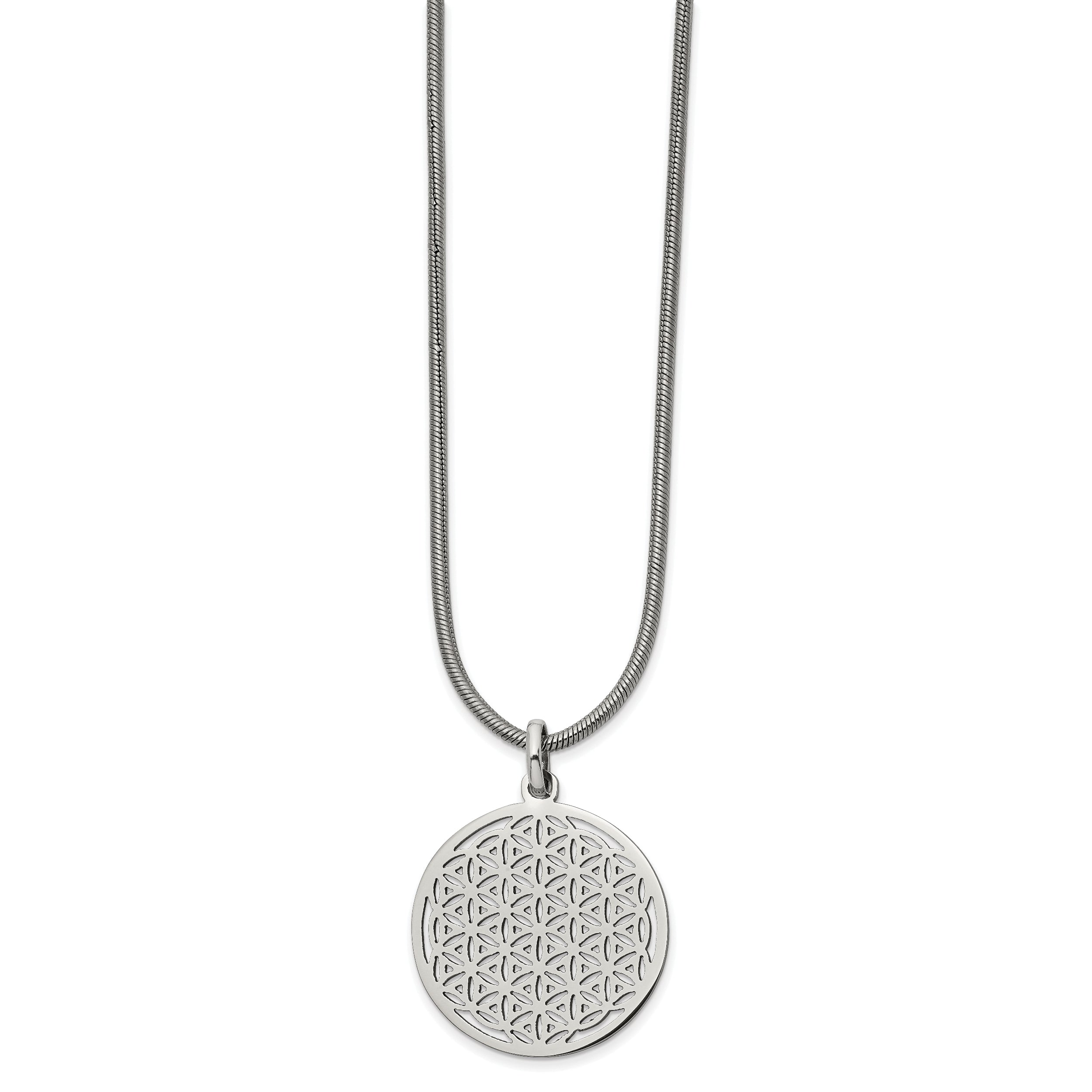 Chisel Stainless Steel Polished Flower Cut-out Small Circle Pendant on an 18 inch Snake Chain Necklace