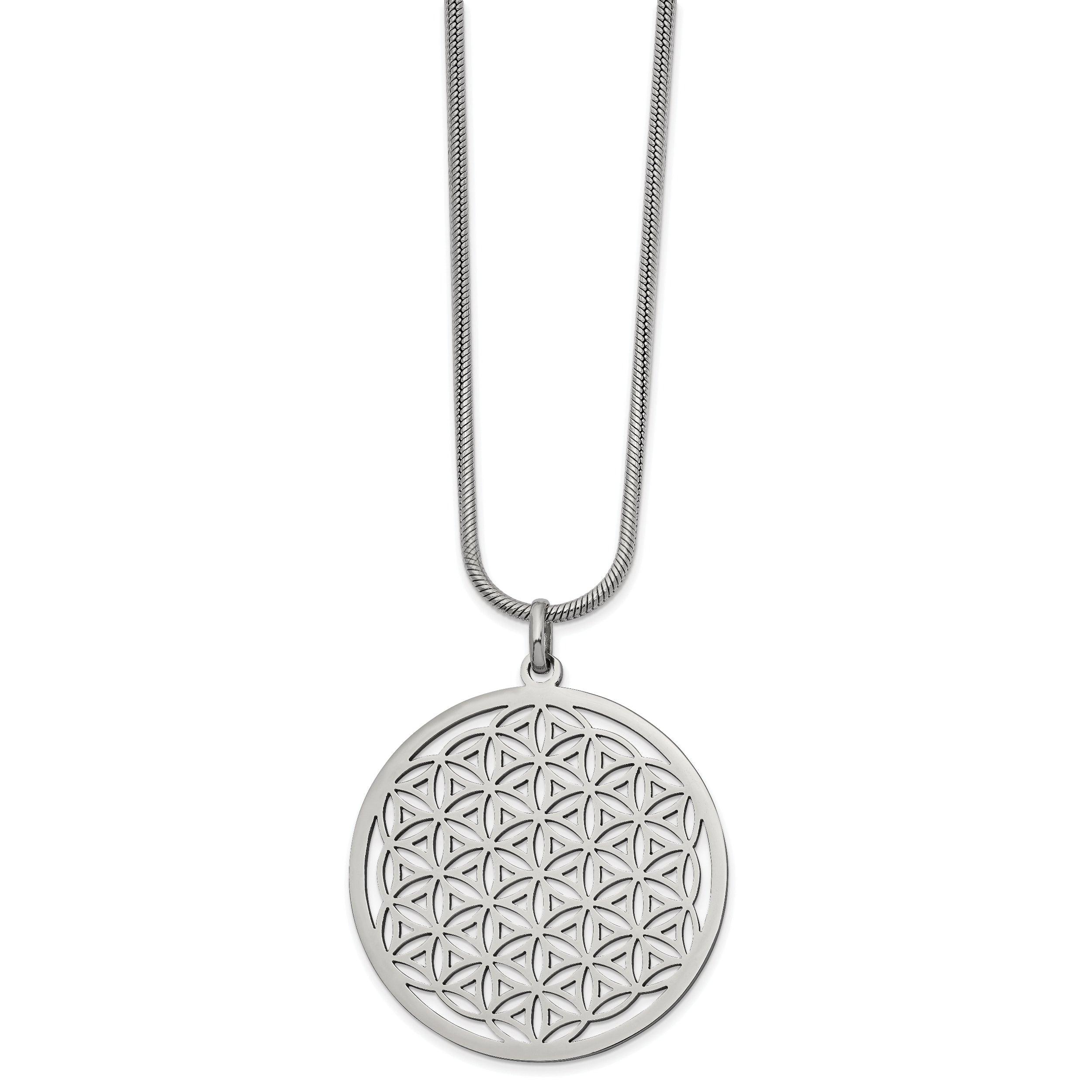 Stainless Steel Polished Flower Cut-out Large Circle 20 inch Necklace