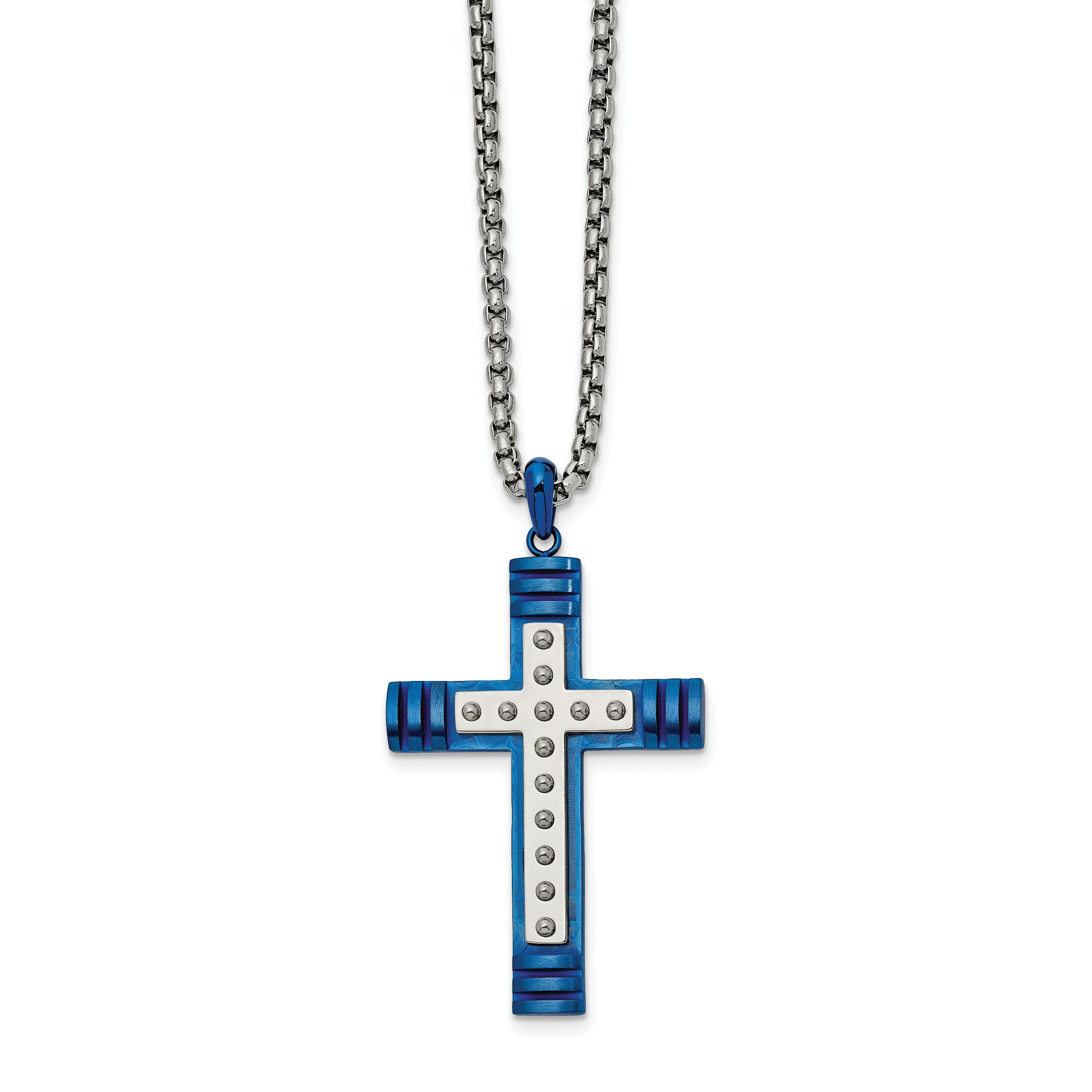 Chisel Stainless Steel Polished Blue IP-plated Cross Pendant on a 22 inch Box Chain Necklace